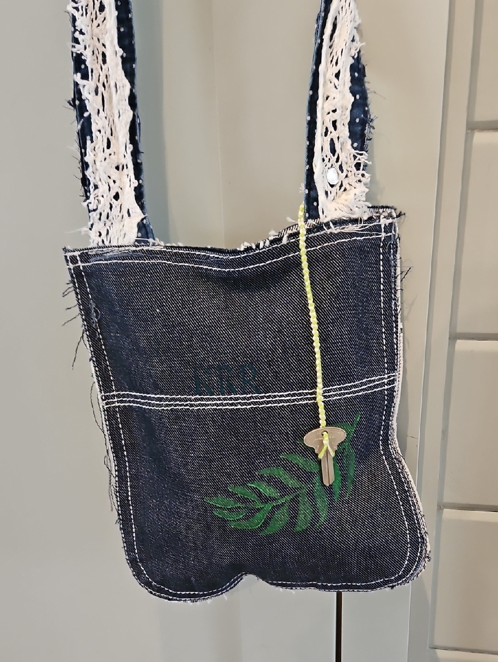 Hand Crafted Dark Denim Crossbody Bag with Green Leaf And Key Accent